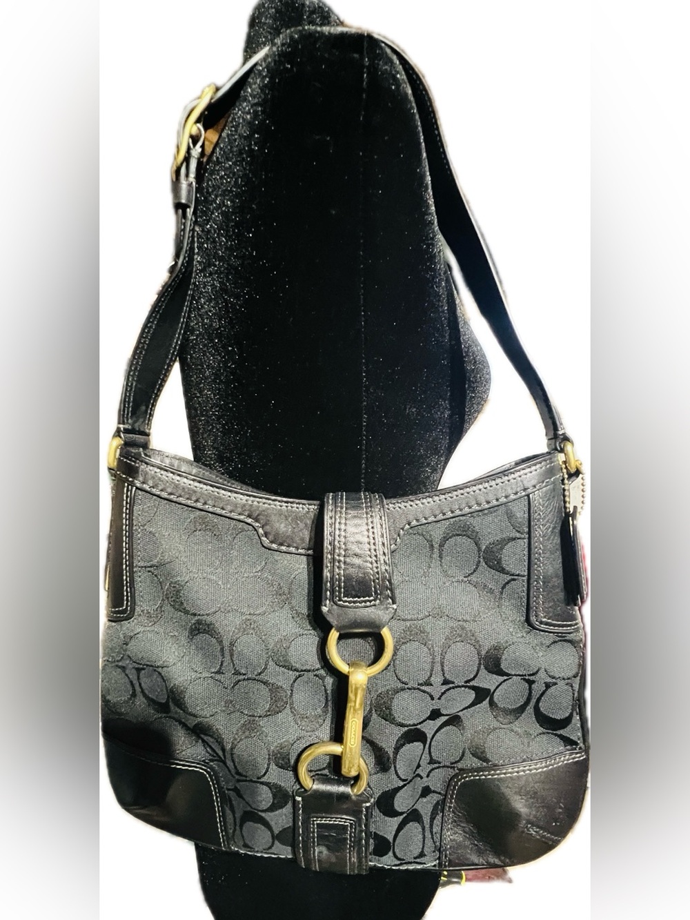 Coach Black Signature Jacquard Shoulder Bag with Gold Hardware